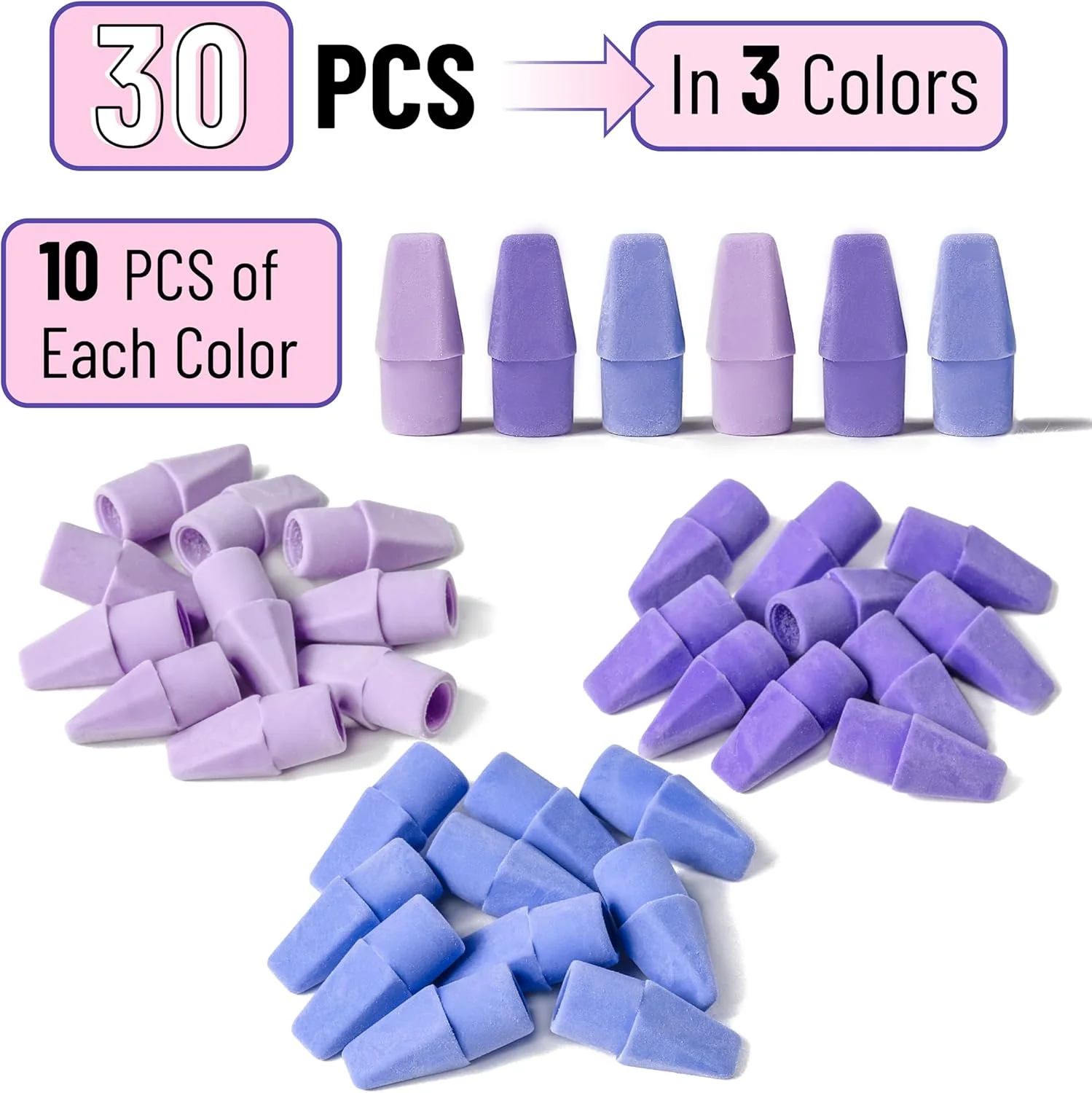 Pencil Erasers Toppers, 30 Pack, Colorful, Latex Free, No Smudge - Image 2