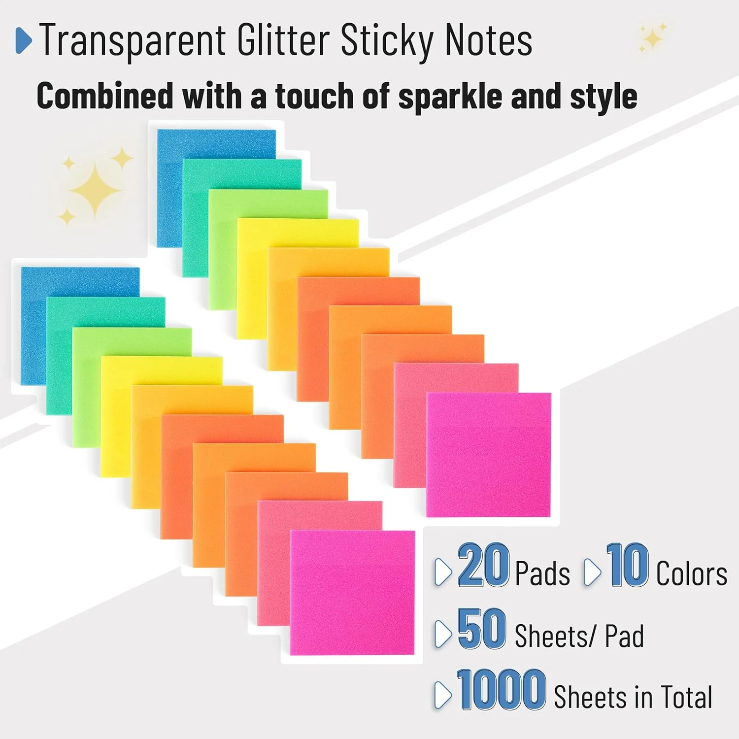 Bulk Plastic Glitter Sticky Notes 3x3, 20 Pads, 1000 Sheets, Prism Glow - Image 2