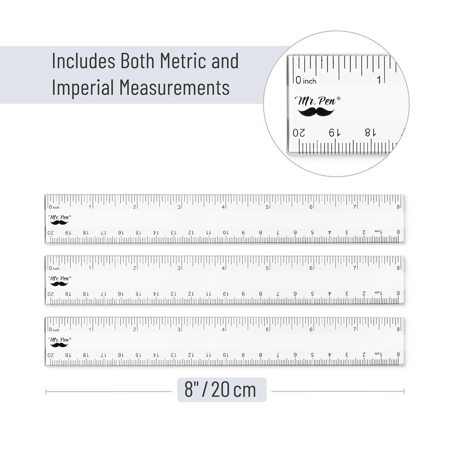 Plastic Ruler 8 Inch, 3 Pack, Clear, Metric & Imperial - Image 3