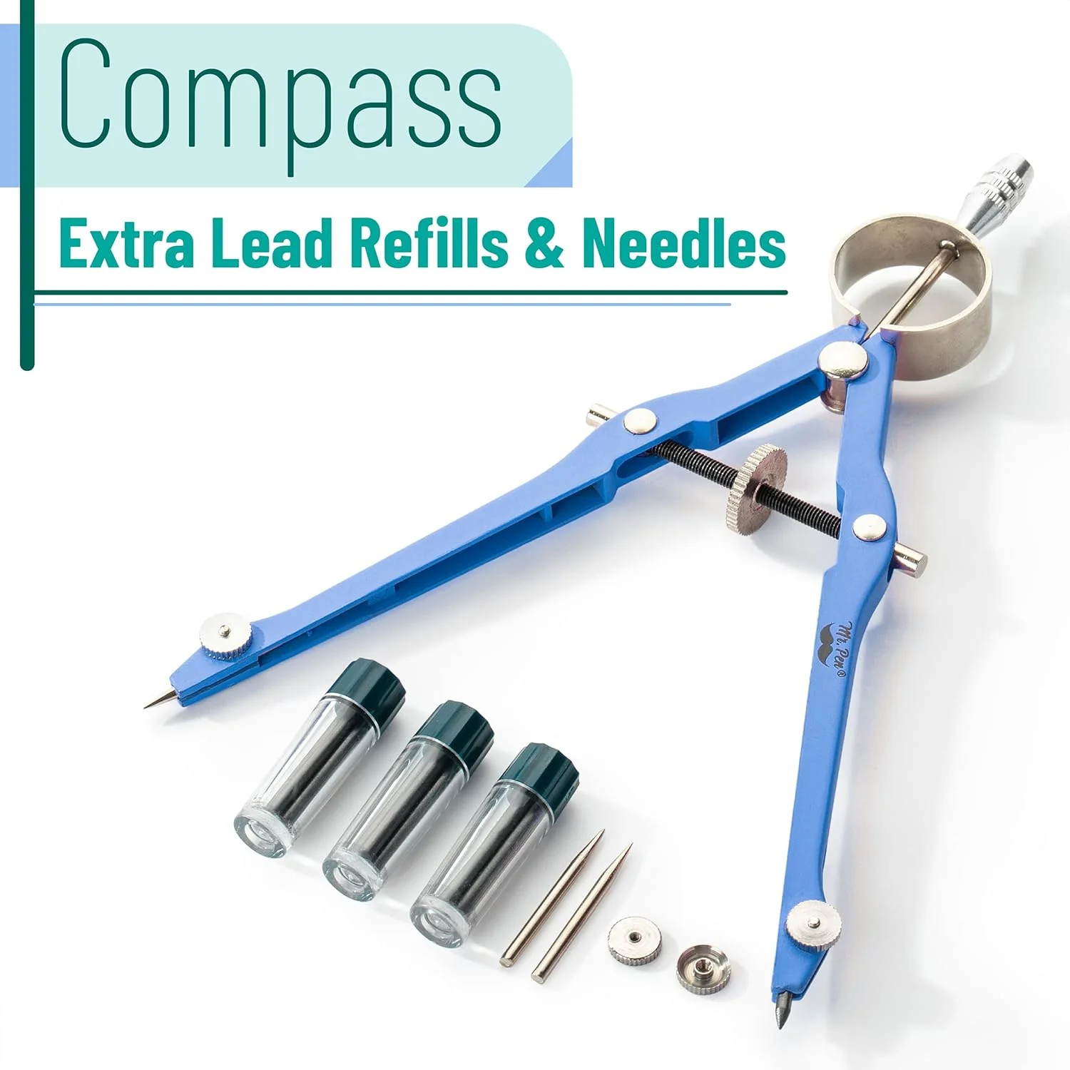 Professional Metal Compass with Lock, Blue, Extra Leads Set - Image 2