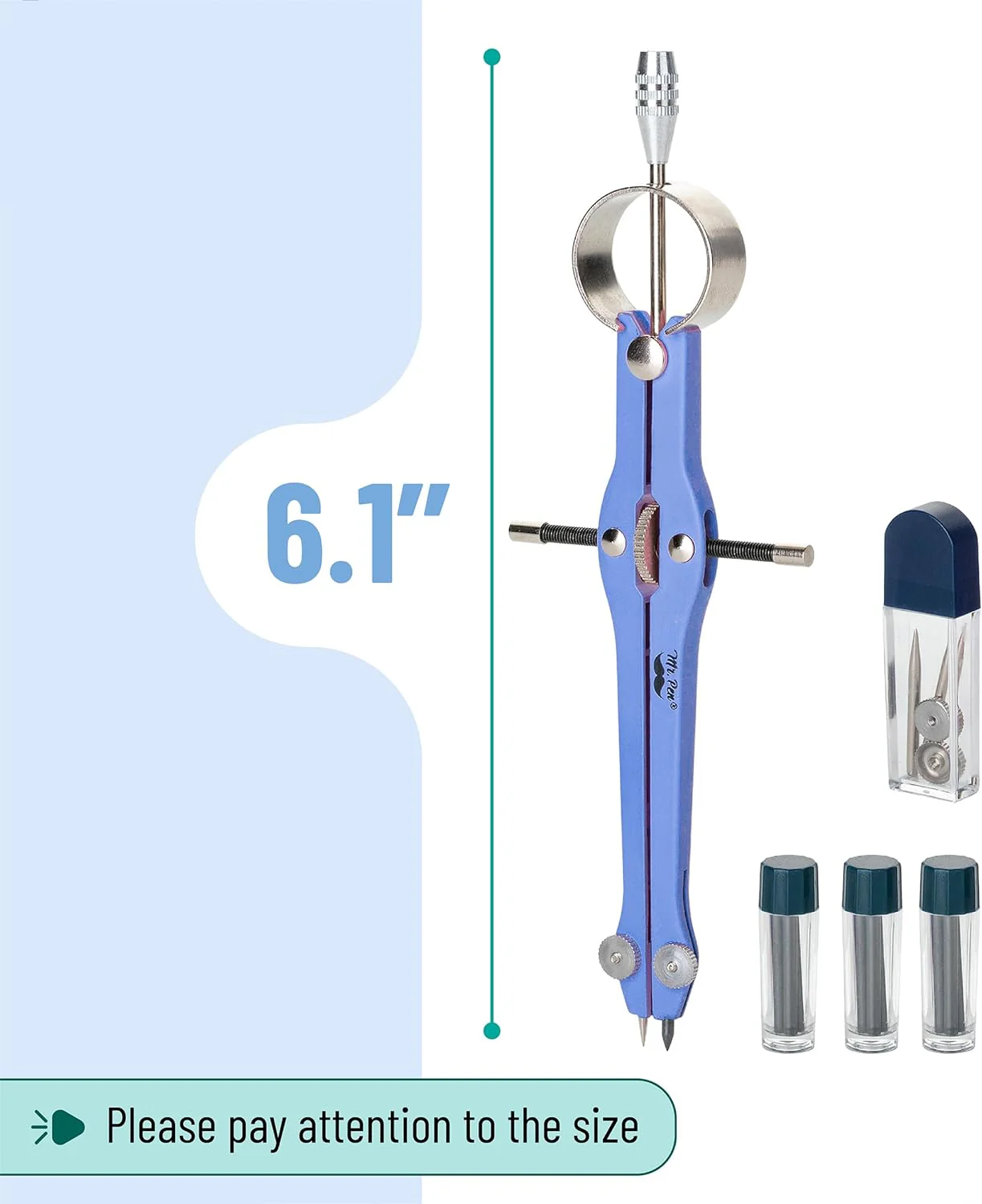 Professional Metal Compass with Lock, Blue, Extra Leads Set - Image 3