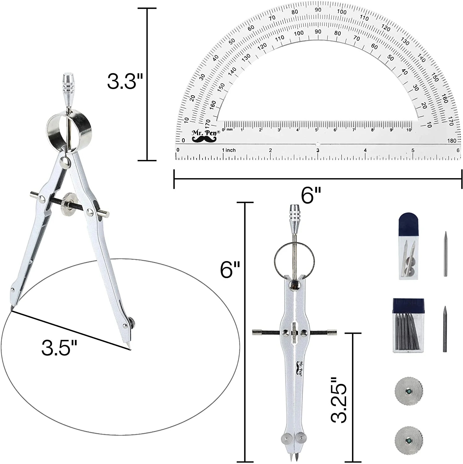 Compass & Protractor Set, Metal Compass,  Transparent  Protractor - Image 4
