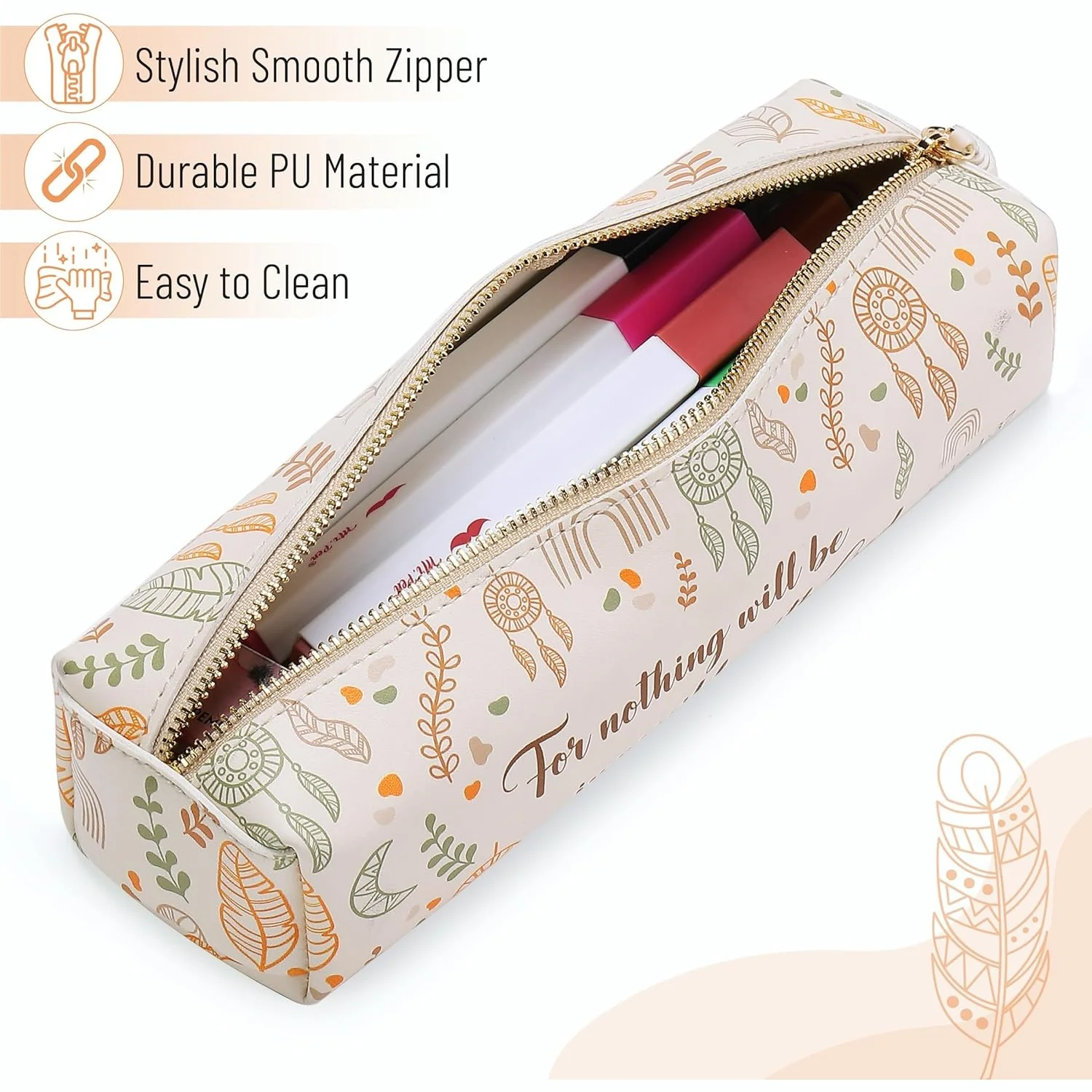 PU Leather Pencil Case -Boho Style - Slim Cute Aesthetic Pencil Pouch - Image 3