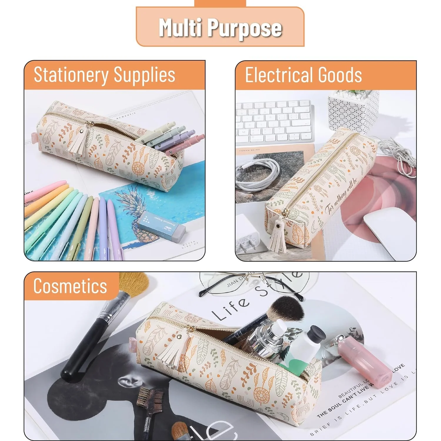 PU Leather Pencil Case -Boho Style - Slim Cute Aesthetic Pencil Pouch - Image 5