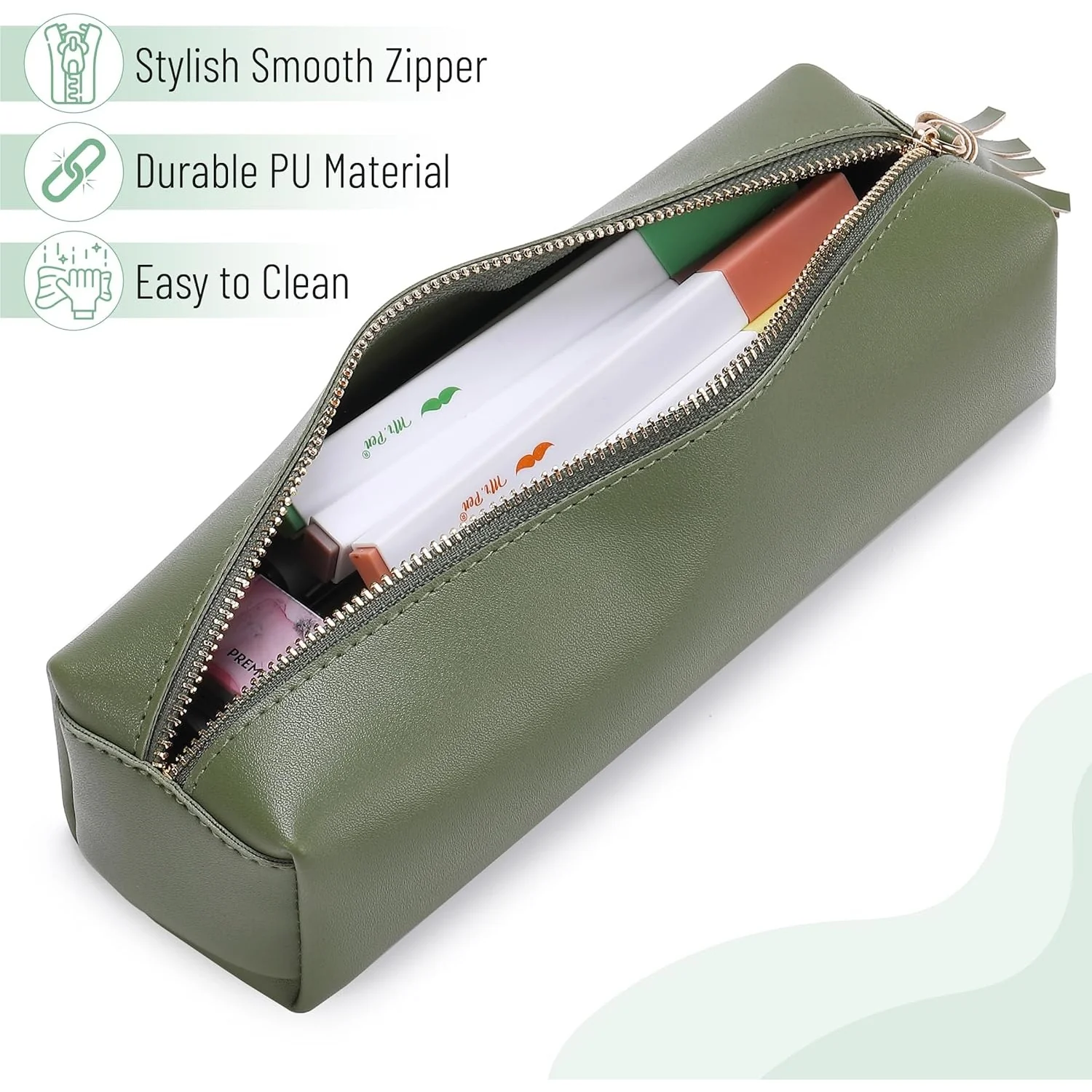 Green PU Leather Pencil Case - Small Cute Aesthetic Pencil Pouch - Image 3