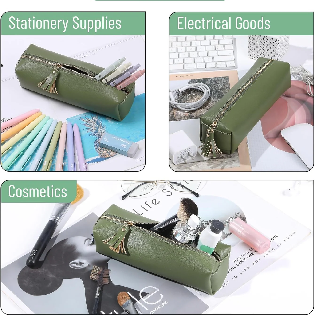 Green PU Leather Pencil Case - Small Cute Aesthetic Pencil Pouch - Image 5