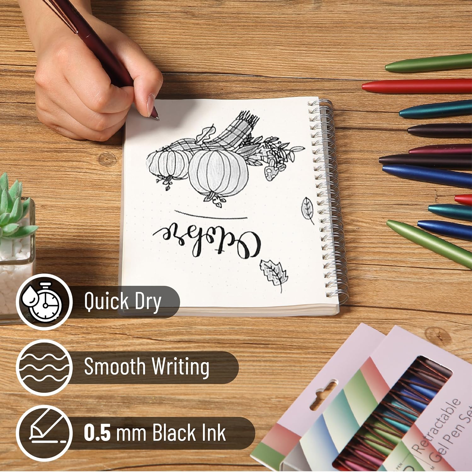 Retractable Gel Pens, 12 Pack, Black Ink, 0.5mm Fine Point, Metallic Vintage Barrels, Fast Dry, Aesthetic Pens - Image 4