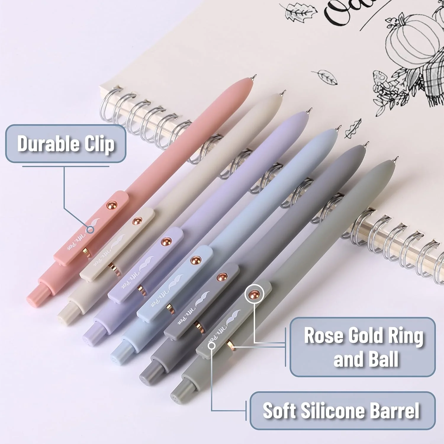 Retractable Gel Pens with Rose Gold Ring and Ball, 6 Pack, Morandi Barrels, Japanese Black Gel Pens, Fast Dry, Gel Pens Fine Point 0.5mm, Smooth Writing Aesthetic Pens for Journaling - Image 3