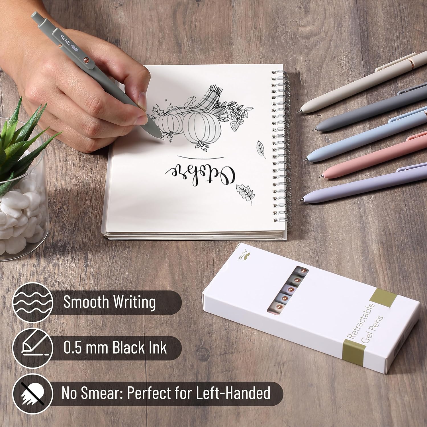 Retractable Gel Pens with Rose Gold Ring and Ball, 6 Pack, Morandi Barrels, Japanese Black Gel Pens, Fast Dry, Gel Pens Fine Point 0.5mm, Smooth Writing Aesthetic Pens for Journaling - Image 4