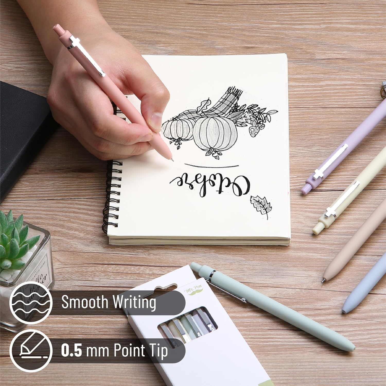 Mr. Pen- Retractable Gel Pens for Journaling, 6 Pack, 0.5 mm Black Ink, Soft Pastel Barrel with Silver Cross Clip, Smooth Writing Aesthetic Pens for Women - Image 3