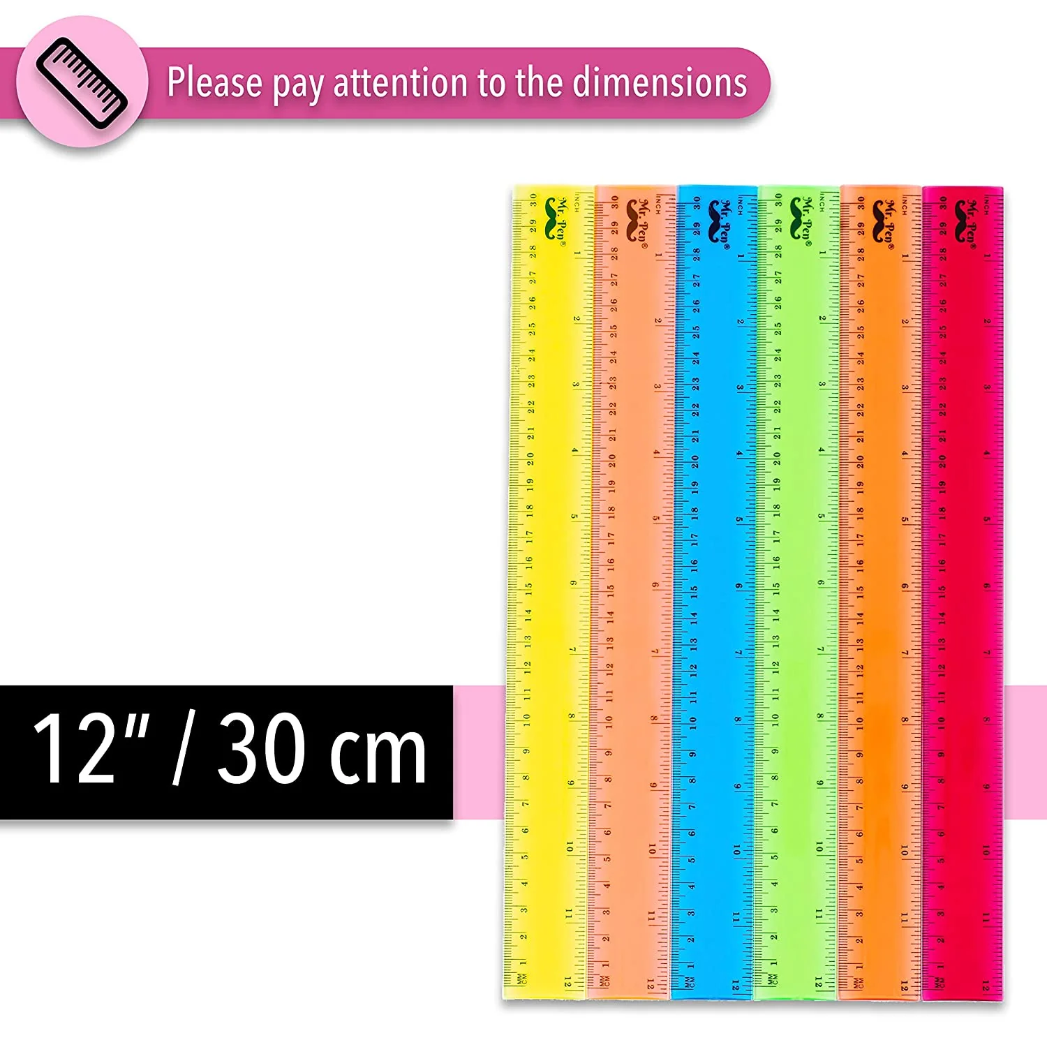 Kids Ruler 12 Inch, 6 Pack, Assorted Colors, Inches & cm, Clear - Image 3