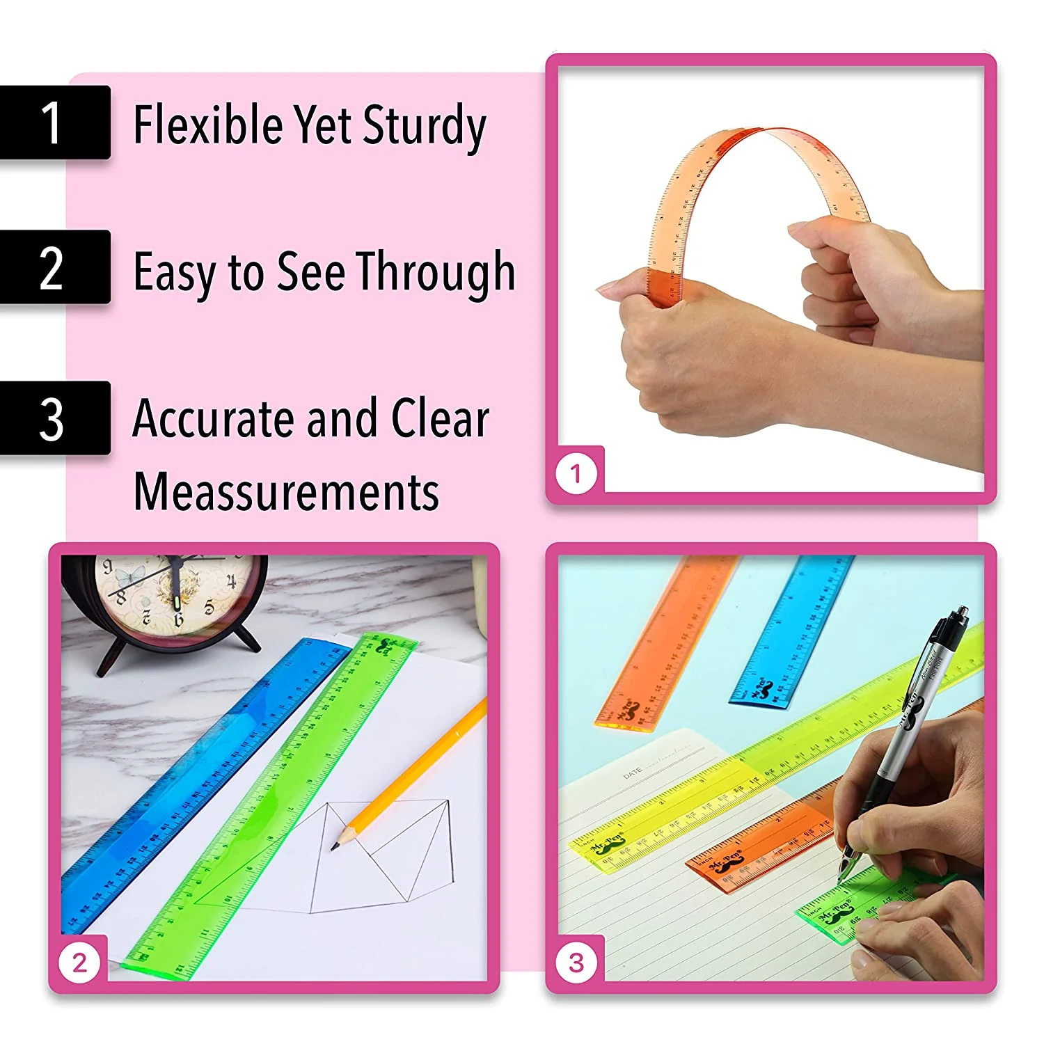 Kids Ruler 12 Inch, 6 Pack, Assorted Colors, Inches & cm, Clear - Image 4
