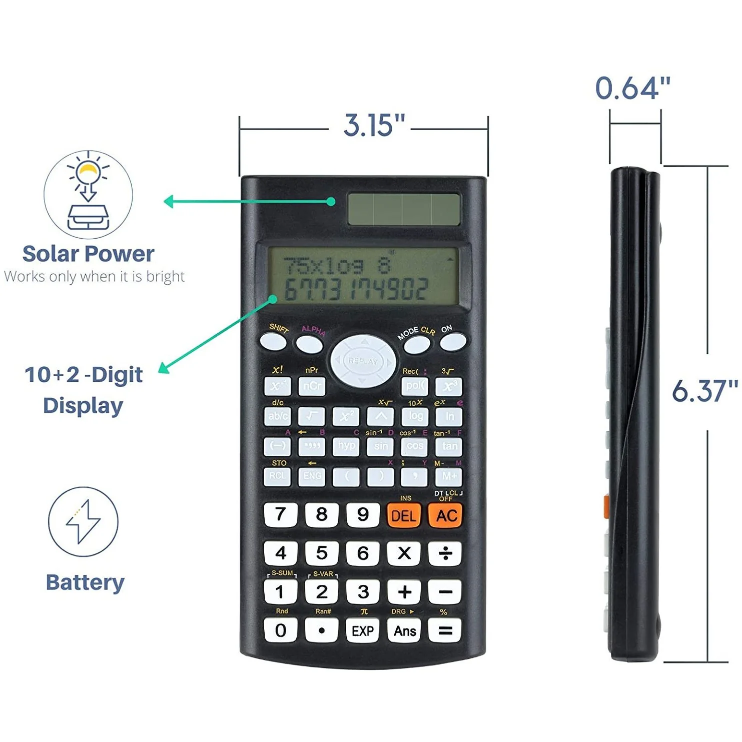 Solar Scientific Calculator, 2-Line Display, 240 Functions, 10+2 Digits - Image 3