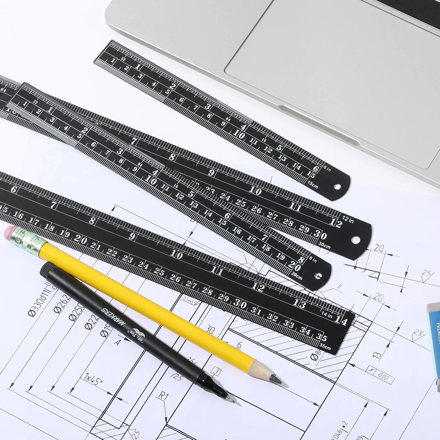 Metal Stainless Steel Ruler Set, 4 Pack, 6” 8” 12” 14 Inch, Metric/Inch - Image 6