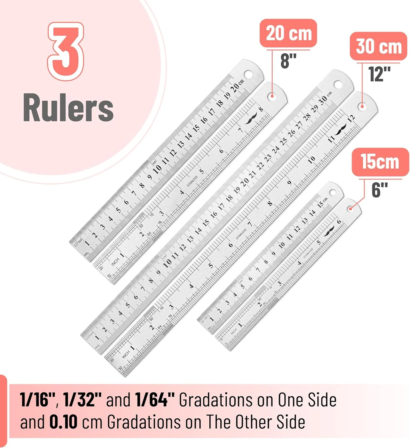 Stainless Steel Rulers Set, 3 Pack, 6” 8” 12”, Thin Metal - Image 2