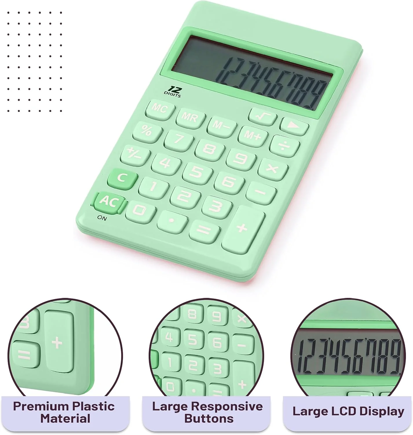 Simple Calculator, 12-Digit, Pastel Green, Solar, Handheld - Image 4
