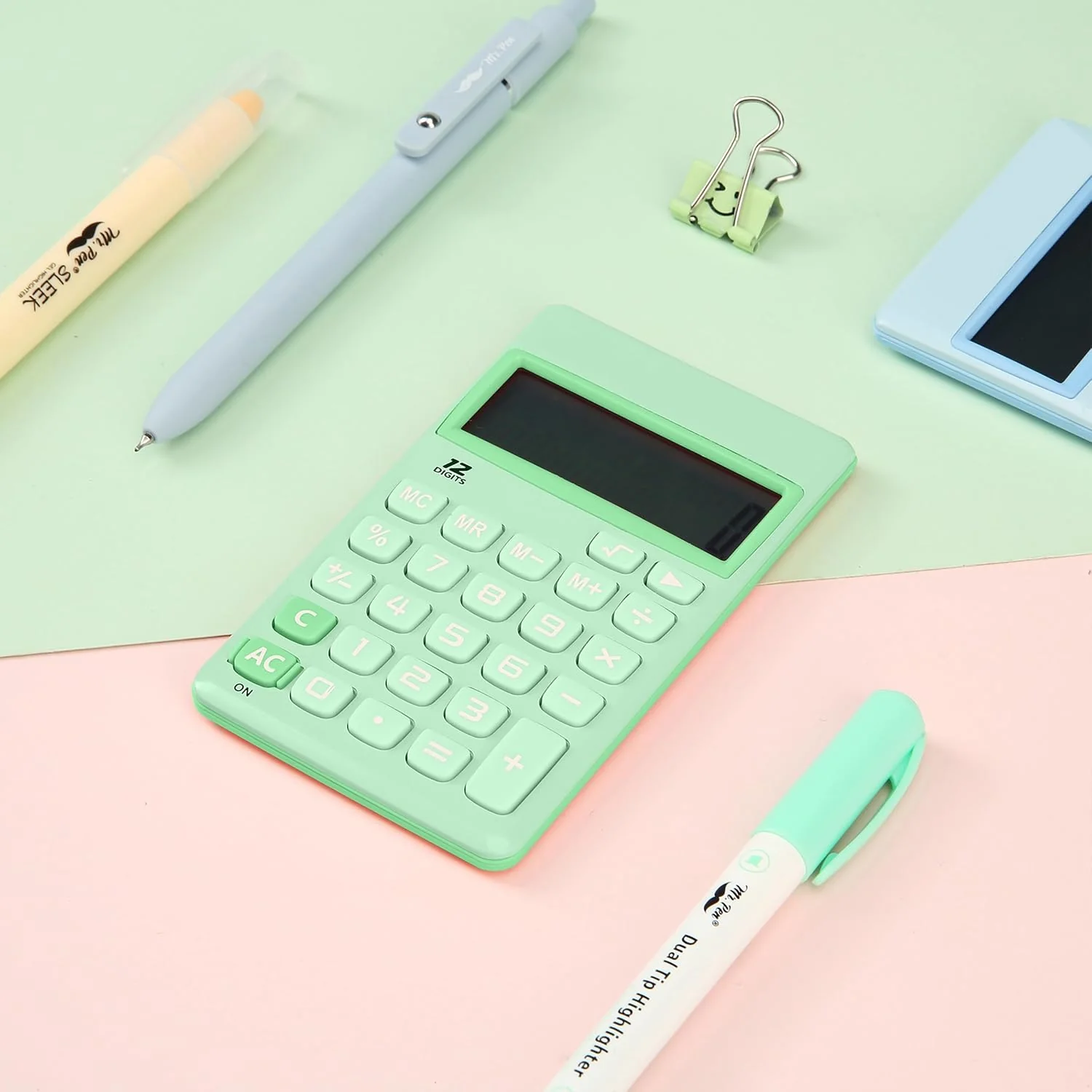 Simple Calculator, 12-Digit, Pastel Green, Solar, Handheld - Image 7