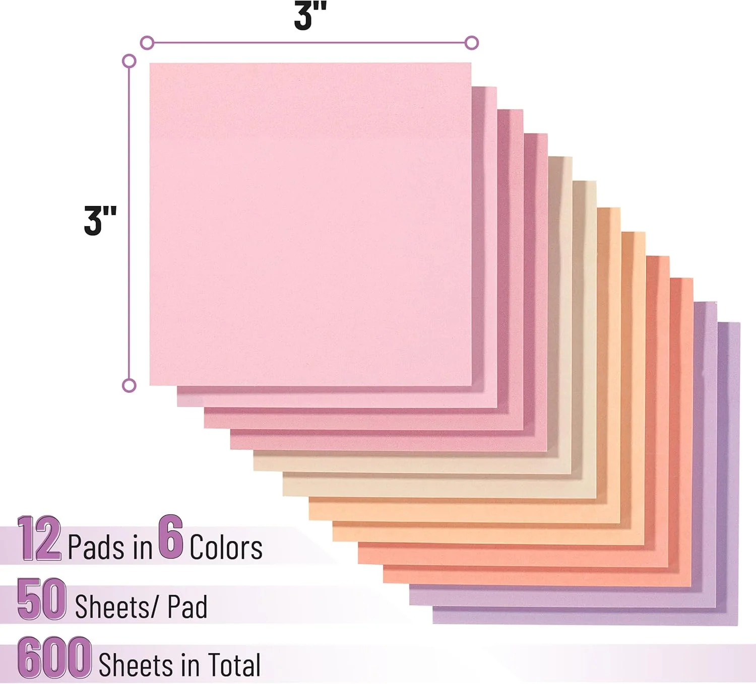 Colorful Sticky Notes 3x3 Inch, 12 Pads, 600 Sheets, Sunset Sorbet - Image 3