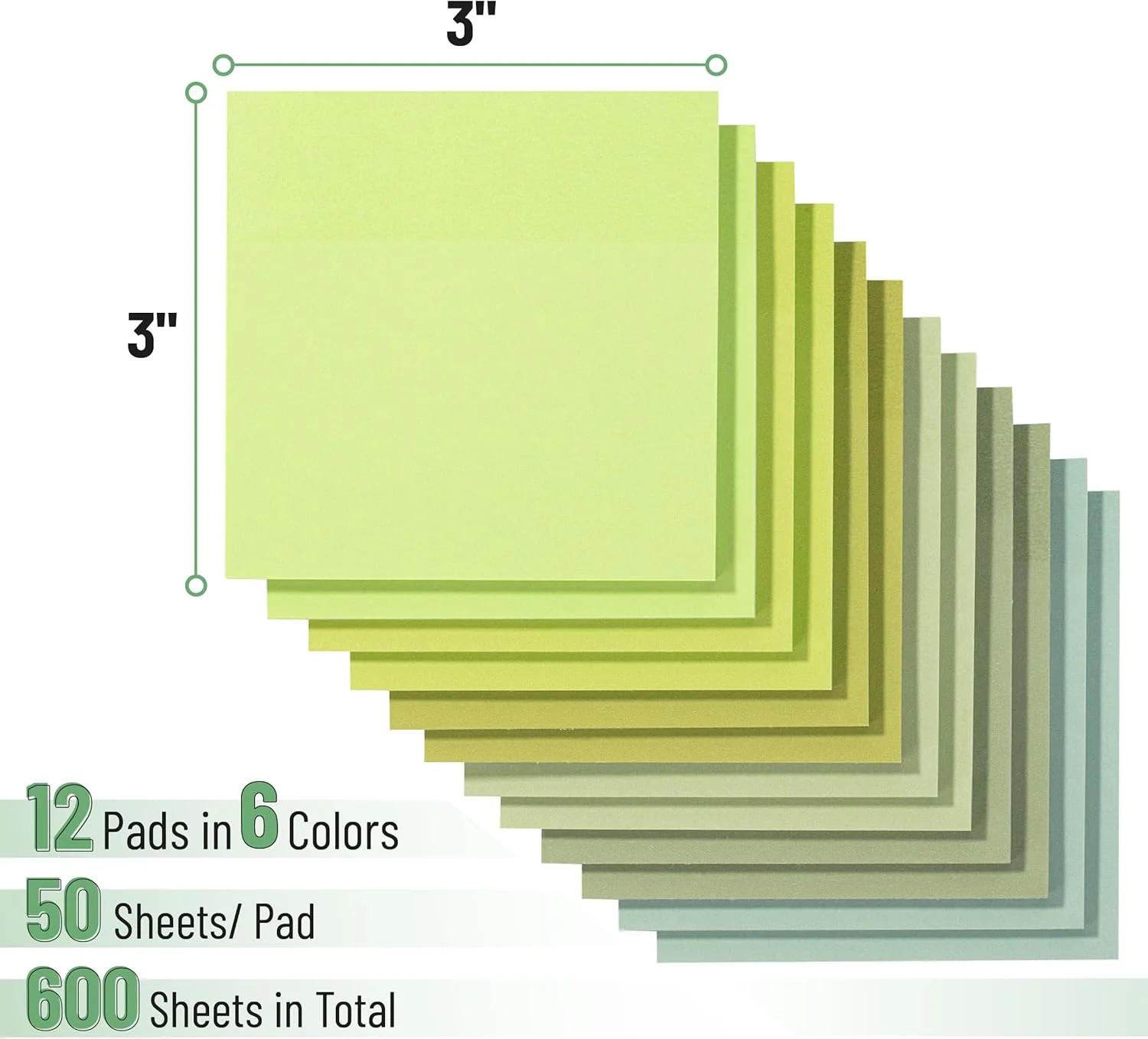 Green Sticky Notes 3x3 Inch, 12 Pads, 600 Sheets, Shades of Green - Image 3