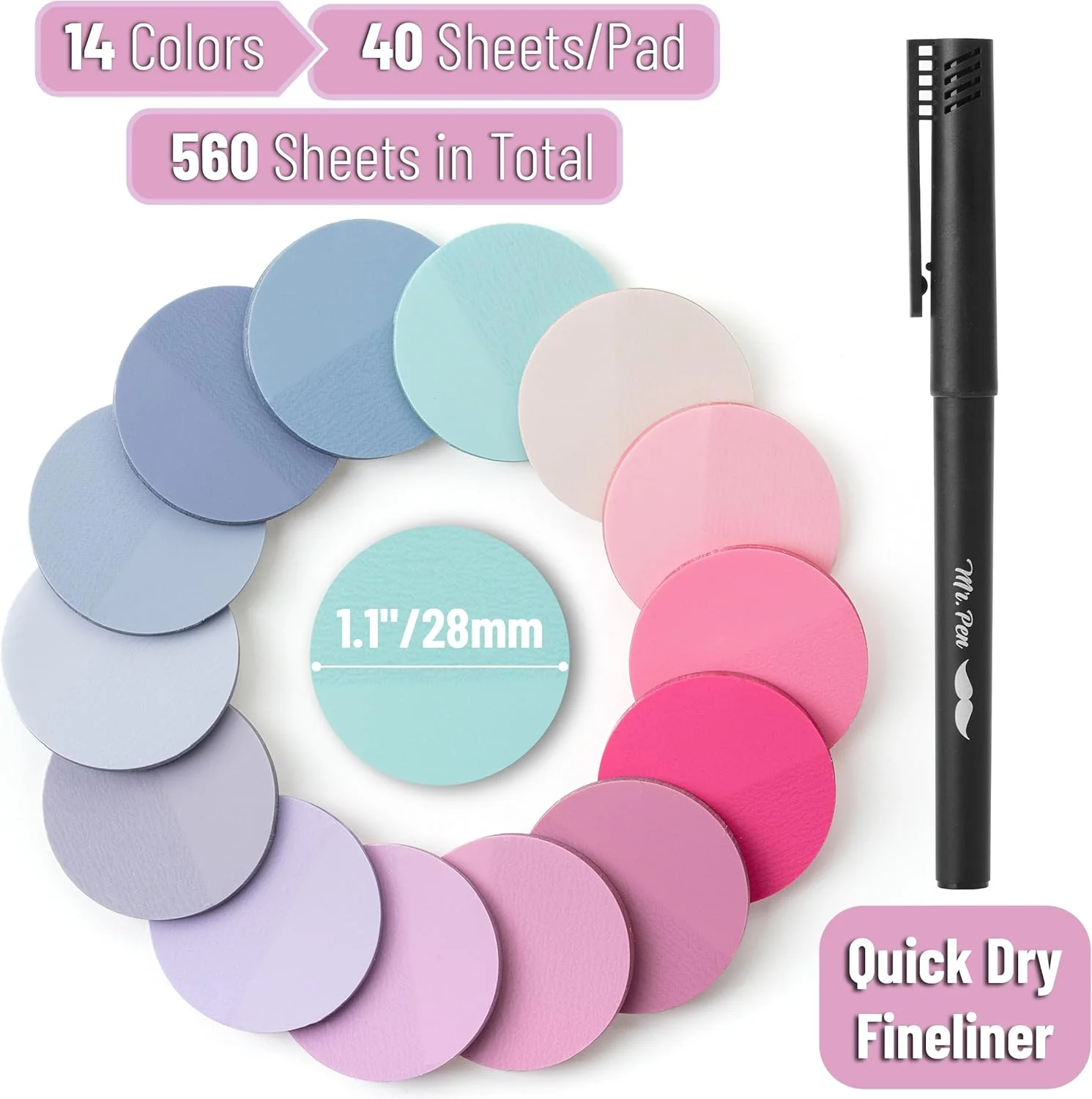 Colorful Round Transparent Sticky Notes, 14 Pads, 560 Sheets, 1.1" - Image 2