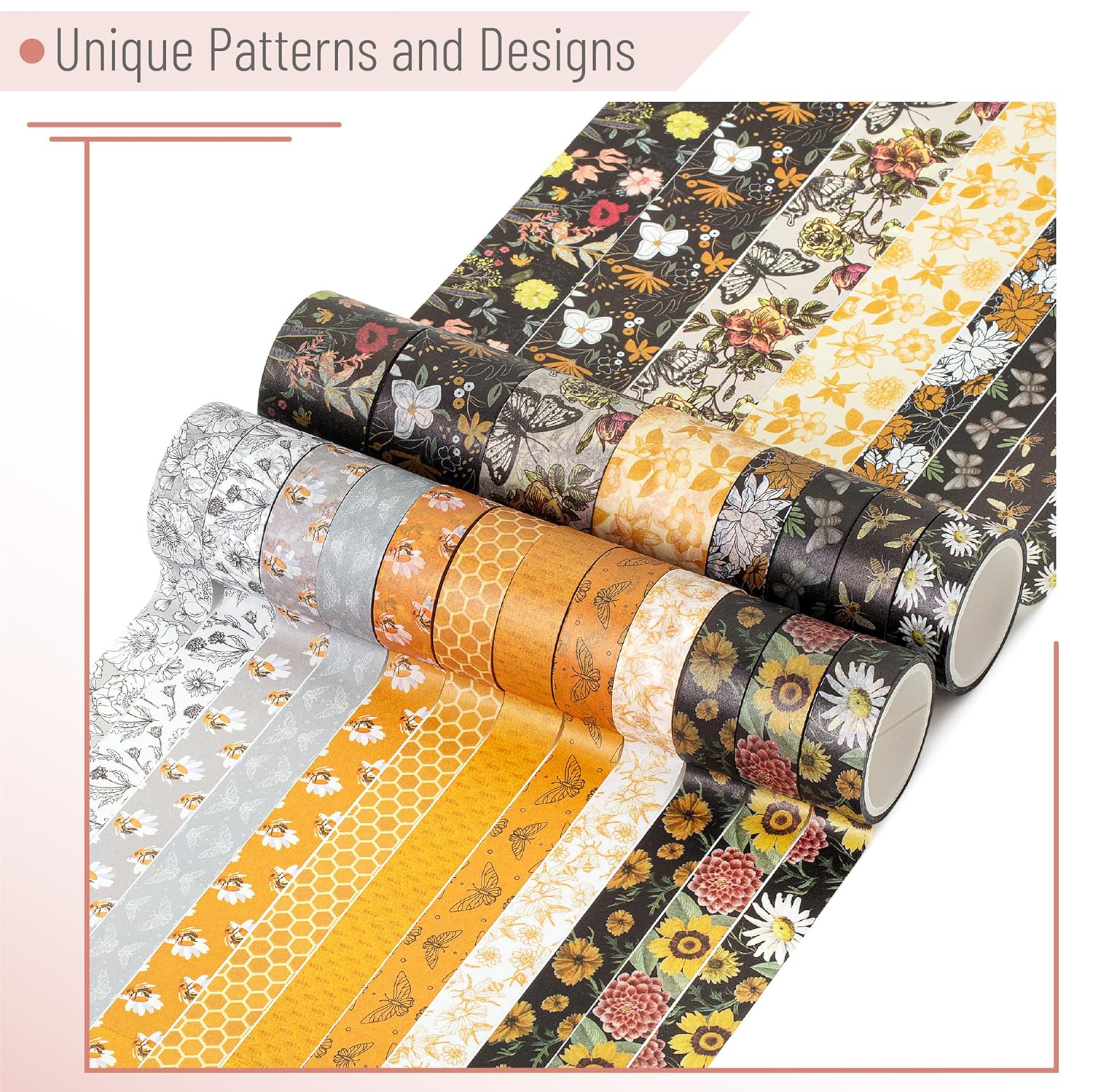 Washi Tape Set, 20 Rolls, Golden Hives Theme, Assorted Widths - Image 3