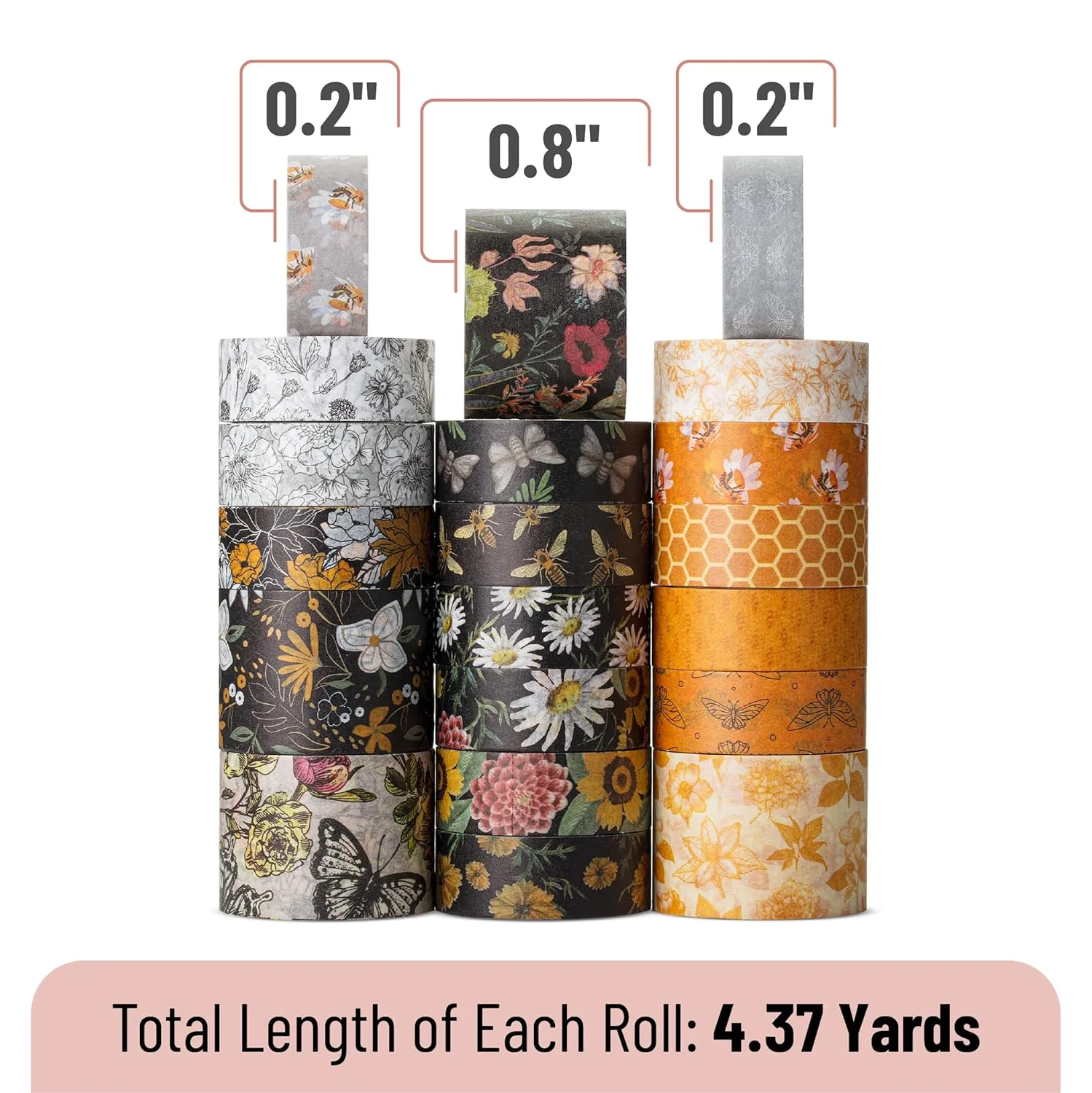 Washi Tape Set, 20 Rolls, Golden Hives Theme, Assorted Widths - Image 4