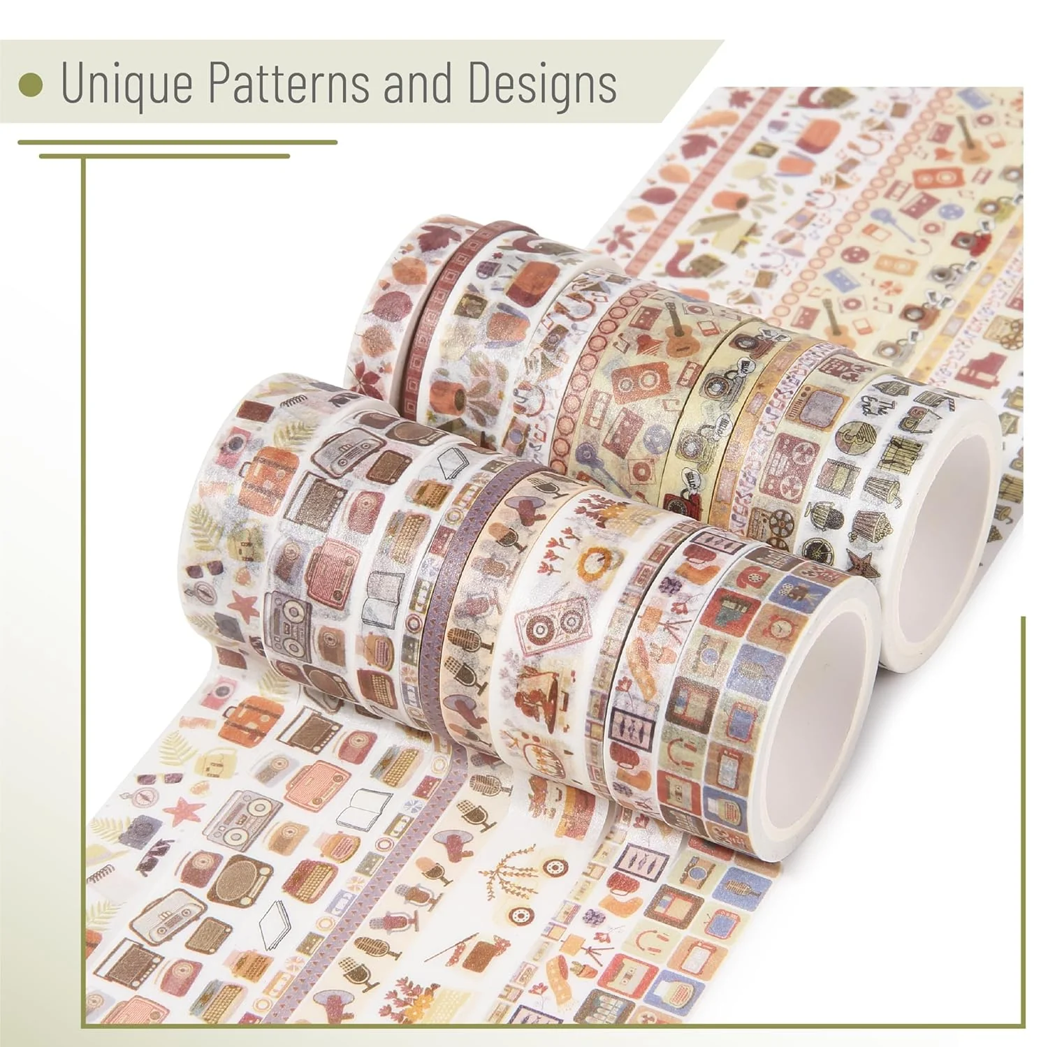 Nostalgic Washi Tape Set, 21 Rolls, Retro Icons, Assorted Widths - Image 3
