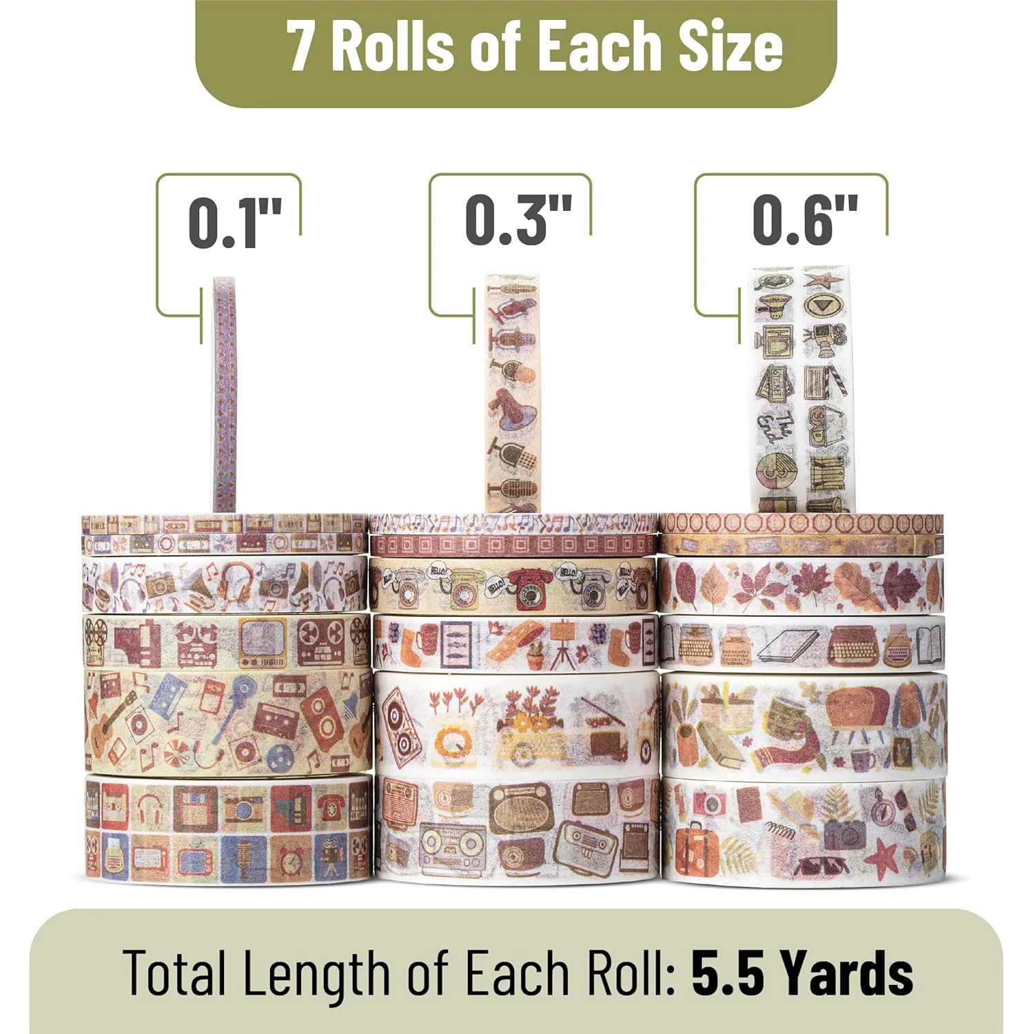 Nostalgic Washi Tape Set, 21 Rolls, Retro Icons, Assorted Widths - Image 4