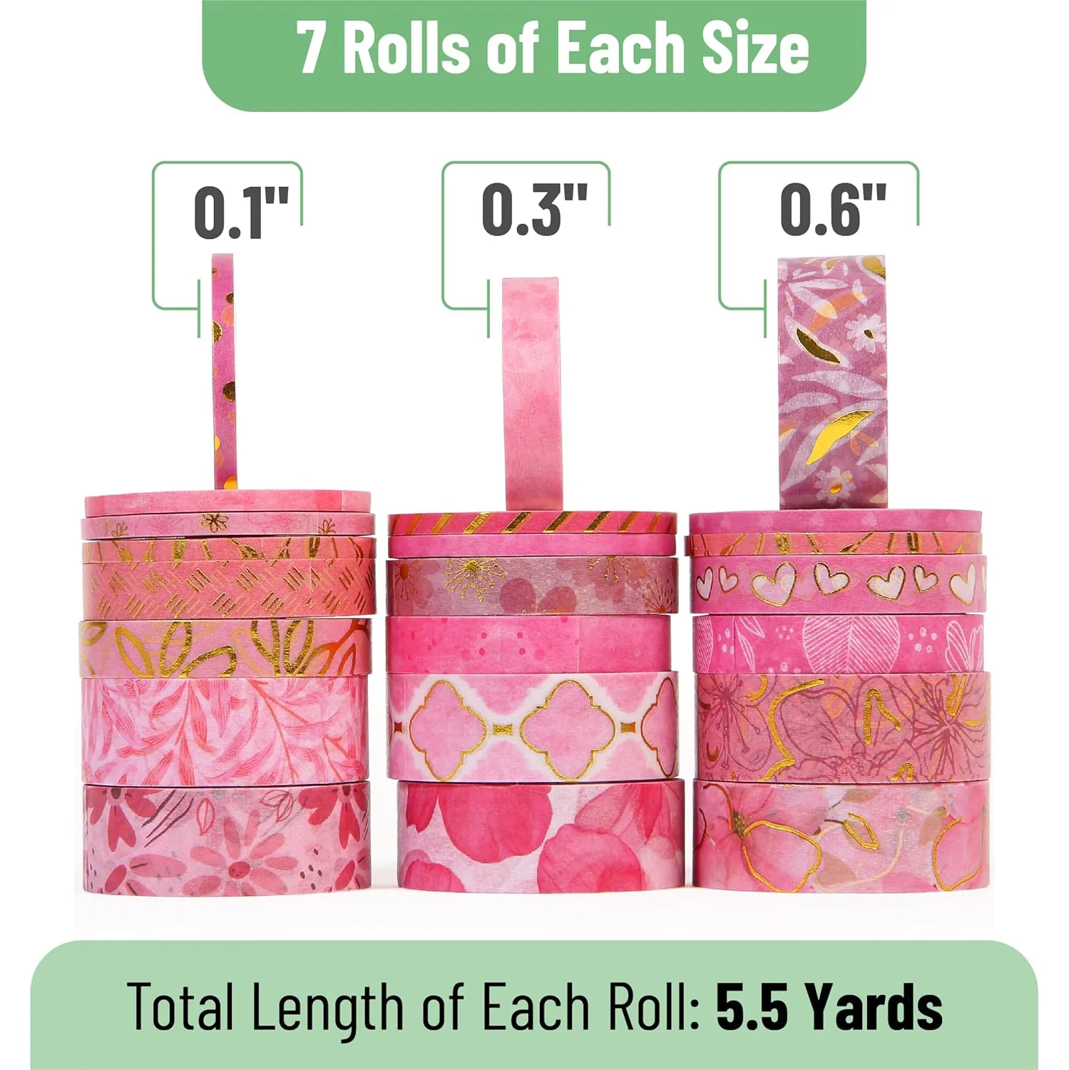 Mr. Pen- Washi Tape Set, 21 Rolls, Floral Pink, Decorative Tape with Measure Tape - Image 4