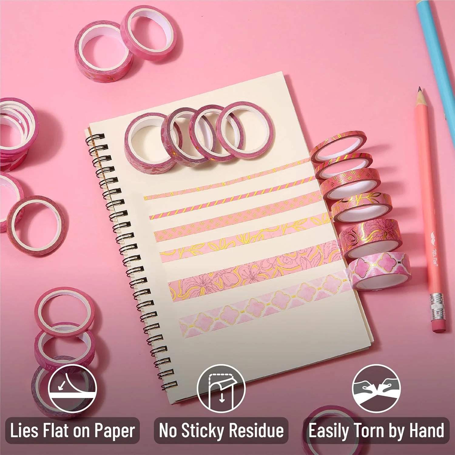 Mr. Pen- Washi Tape Set, 21 Rolls, Floral Pink, Decorative Tape with Measure Tape - Image 5