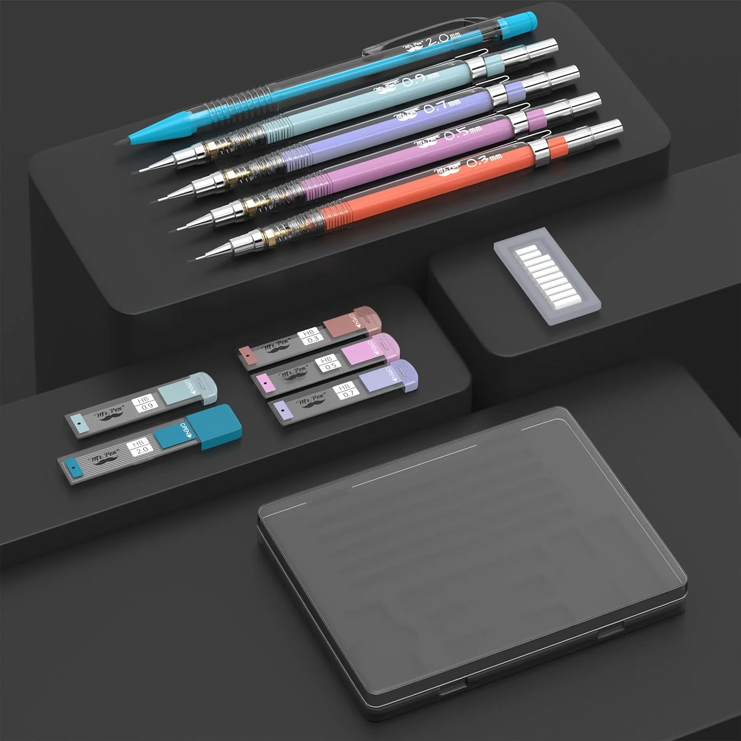 Pastel Mechanical Pencil Set with Refills, 5 Sizes, Clear Barrel - Image 3