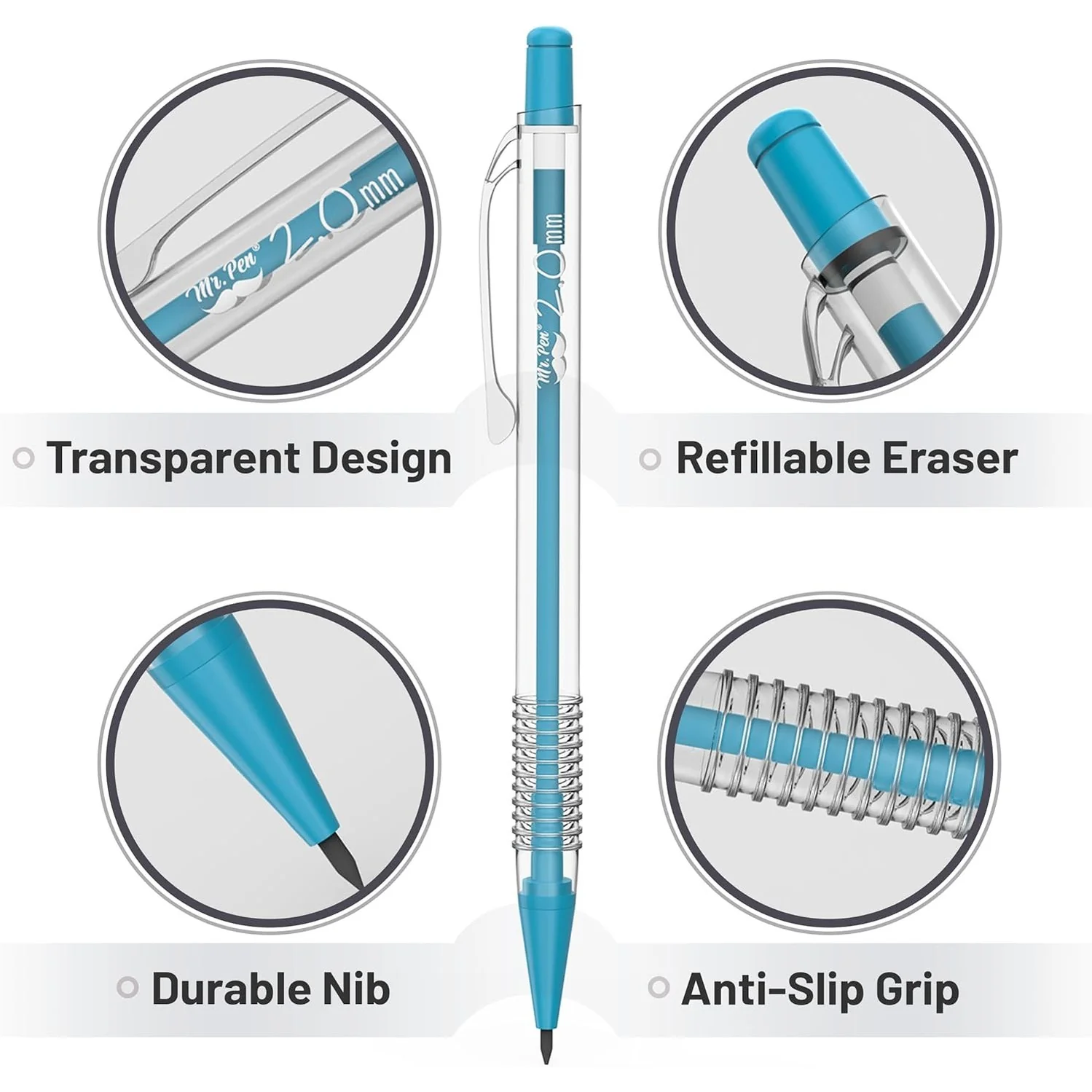 Pastel Mechanical Pencil Set with Refills, 5 Sizes, Clear Barrel - Image 4