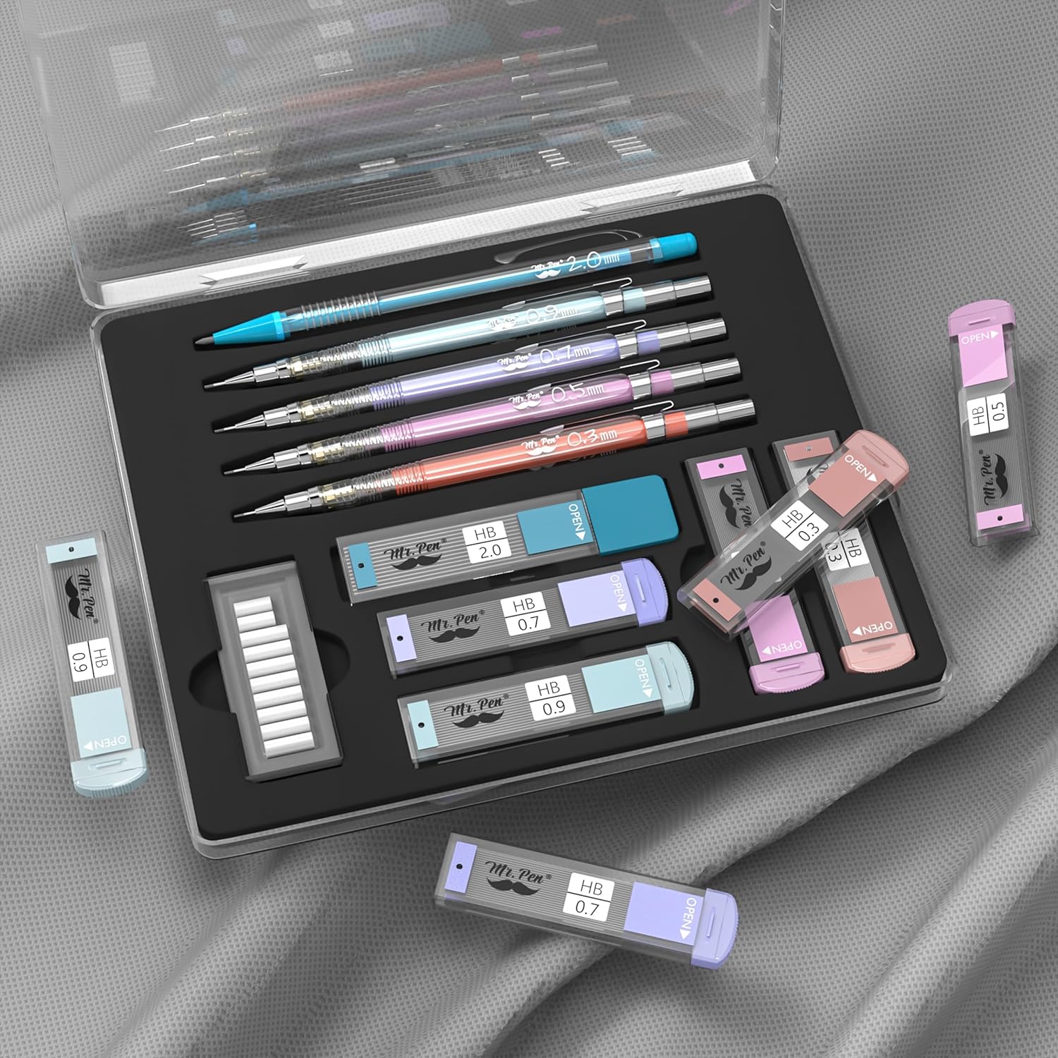 Pastel Mechanical Pencil Set with Refills, 5 Sizes, Clear Barrel - Image 7