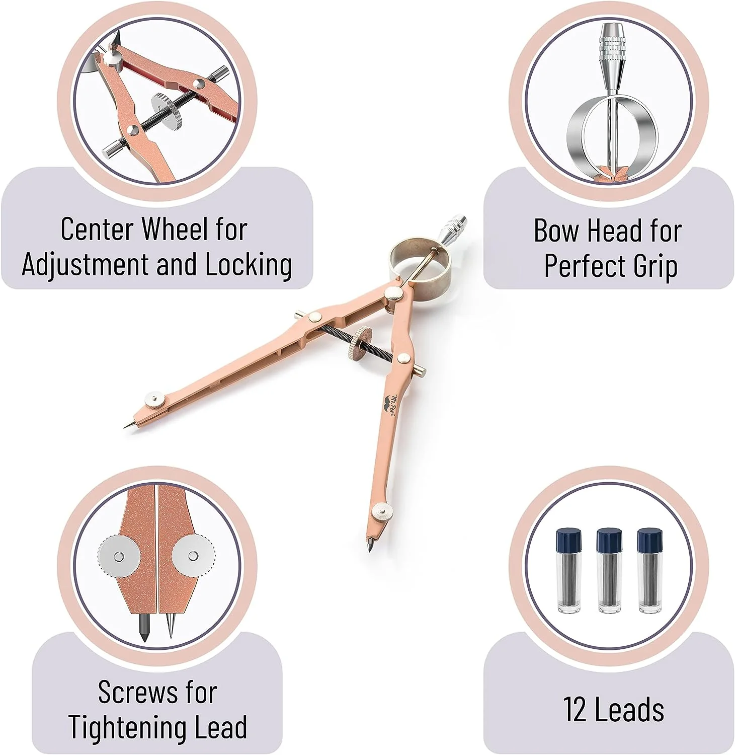 Metal Compass with Lock, Rose Gold, Bow Compass, Leads Set - Image 4