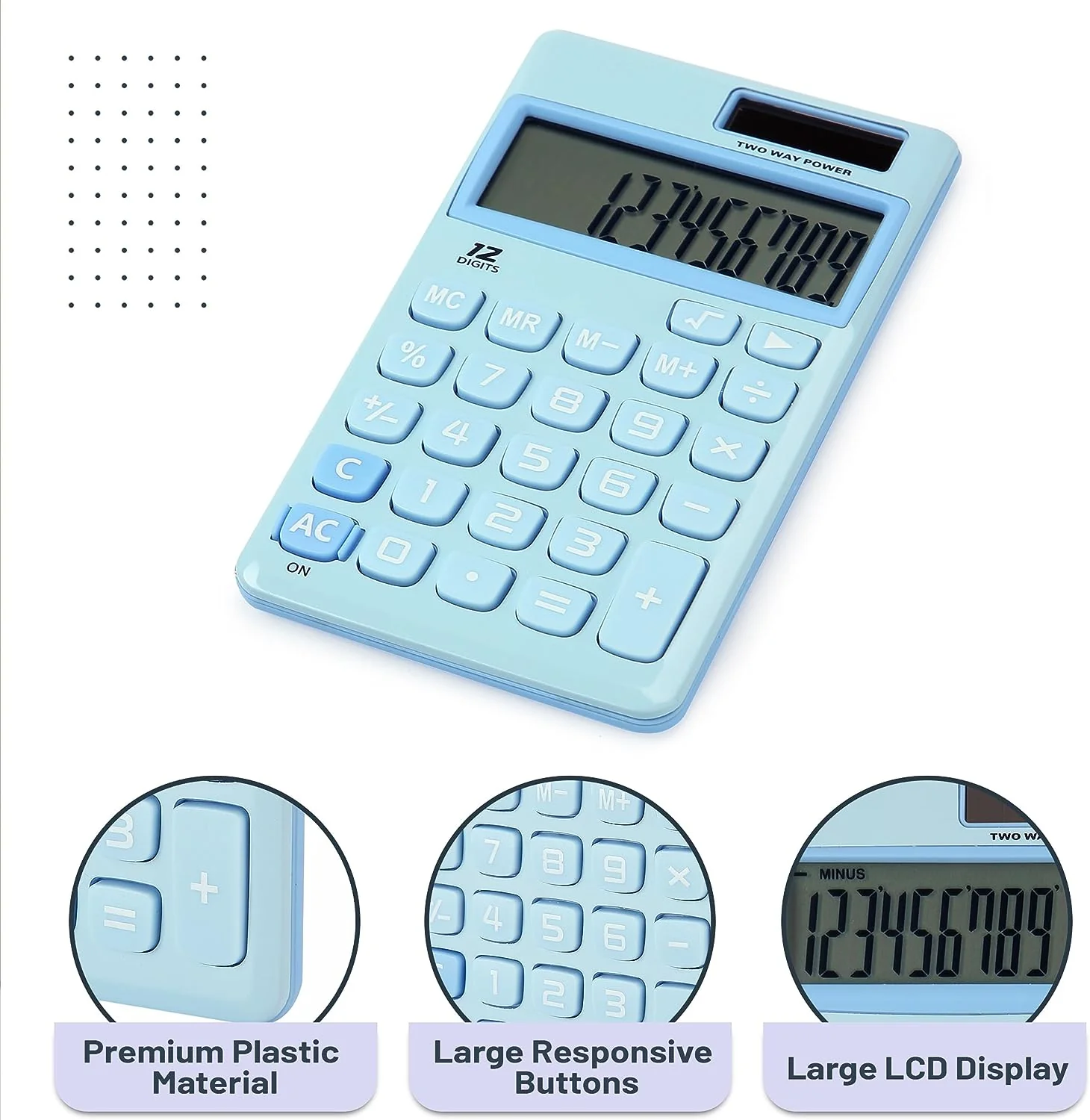 12-Digit Solar Calculator, Light Blue, Standard Function, Handheld - Image 4