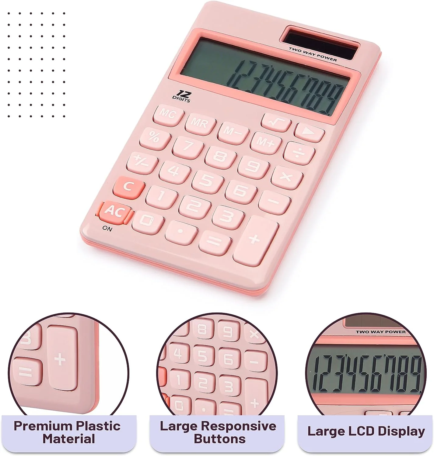 Cute Basic Calculator, 12-Digit, Light Pink, Solar, Handheld - Image 4